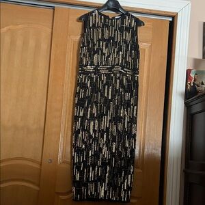 Mac Duggal Black and Gold Patterned Midi Dress